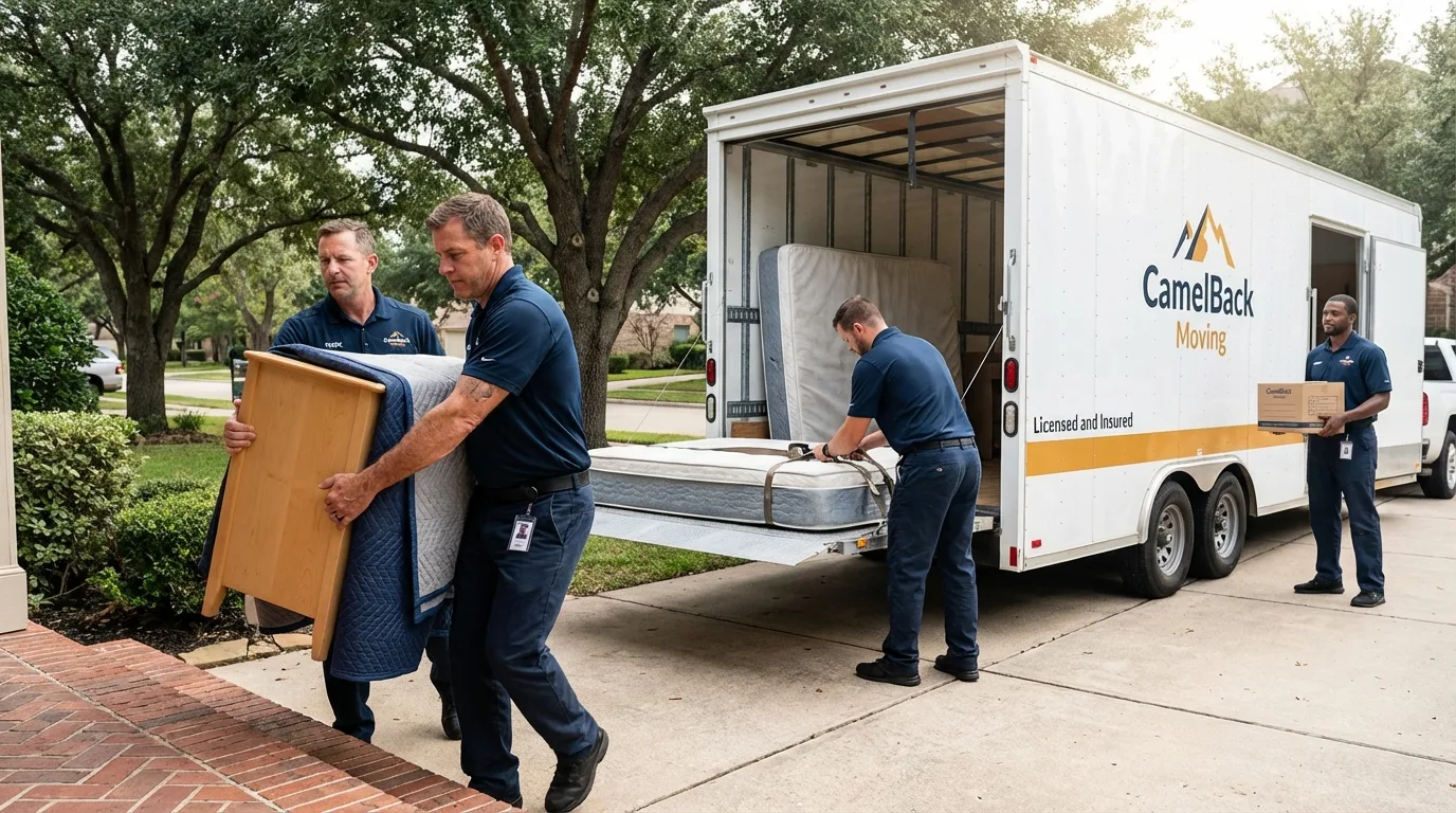 Crew loading residential truck for cross-state move from Bourbonnais, IL