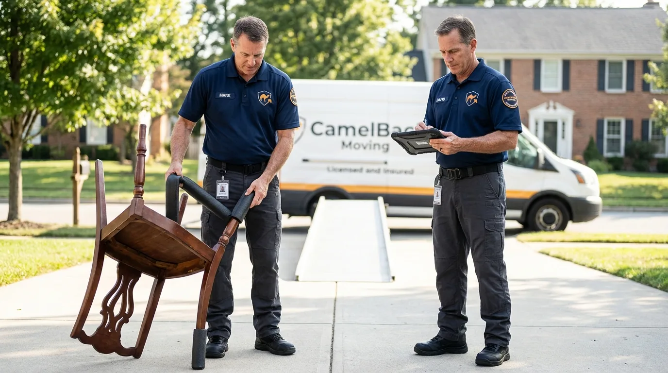 Movers inspecting furniture for damage prevention before loading in Bourbonnais, IL