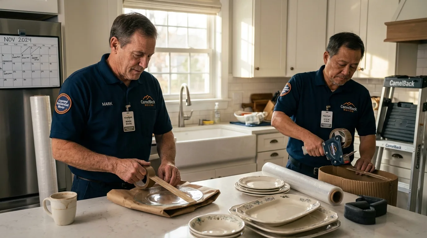 Professional crew packing kitchen dishware in Bourbonnais, IL